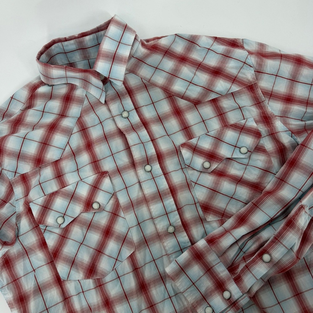 Cowboy Legend Mens Red White Blue Plaid Western Pearl Snap Shirt Medium Cotton